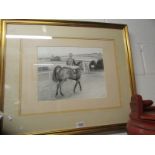 A charcoal drawing of a horse and jockey at Hexham racecourse signed by Kathleen M Sisterson M.