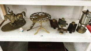 A quantity of brass ware & a miners lamp