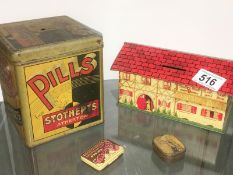 A vintage pills Stotherts tin an old DBF money box & 2 tins of record needles