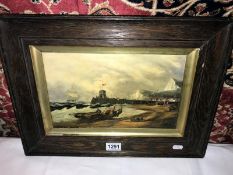 An oil on board of coastal storm scene 'Hauling a boat ashore off Dover harbour' signed T Luny 1828.