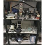 3 shelves of kitchenware (pots, kettle, toaster,