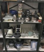 3 shelves of kitchenware (pots, kettle, toaster,