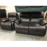 A brown recliner leather 2 seater settee + chair