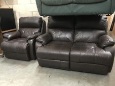 A brown recliner leather 2 seater settee + chair