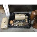 A quantity of stoneware hot water bottles, cutlery, coronet camera etc.