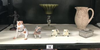 A mixed lot including Beswick jug, bulldog ornaments, glass bowl,