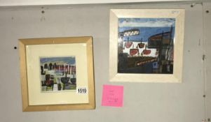 A pair of Cornish school acrylic on card pictures entitled 'Busy Beach Padstow II' and 'Lamorna