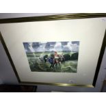A watercolour of horses and jockeys going down at Hexham races signed Kathleen M Sisterson M A.