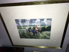 A watercolour of horses and jockeys going down at Hexham races signed Kathleen M Sisterson M A.