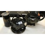 A Gibsons chocolate pot & 2 black Luster pottery tea pots