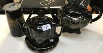 A Gibsons chocolate pot & 2 black Luster pottery tea pots