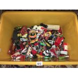 A large box filled with Die-cast toy cars,