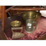 A quantity of metalware including heavy jam pan, saucepan & flat iron etc.