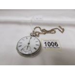 A silver pocket watch with second hand and on metal chain, a/f.