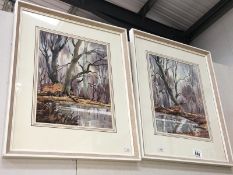 2 watercolour paintings of woodland ponds by W.