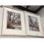 2 watercolour paintings of woodland ponds by W.