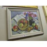 An oil on panel painting of still life with fruit and jug by Leslie Iwar Burton (1927 -2014) signed