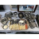A quantity of cutlery and silver plate including a Mappin & Webb sugar bowl and a Walker & Hall