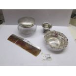 A Silver fretwork dish, a silver salt,