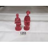 2 Chinese/Cantonese dyed ivory (probably chess pieces) figures,