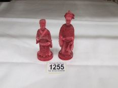 2 Chinese/Cantonese dyed ivory (probably chess pieces) figures,