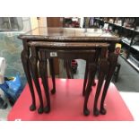 3 wooden tables with glass top inserts