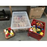 A quantity of Brio wooden toy train items including track, bridge, trains etc.