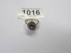 A pear shaped amethyst cluster ring in 9ct yellow gold, Estimated amethyst carat weight 0.