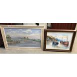 2 oil paintings on boards, (boats,
