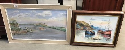 2 oil paintings on boards, (boats,