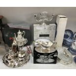 5 boxed silver plated items including a coffee set on tray, sauce holder etc.