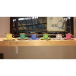 6 coloured cups & saucers (Czech porcelain)