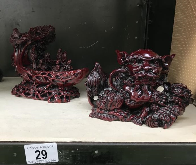 A carved Oriental Dogs of Foo and treeboat (A/F)