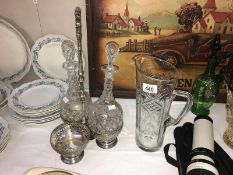 2 decanters in stand & a glass jug