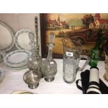 2 decanters in stand & a glass jug