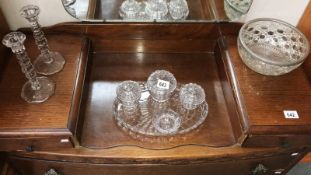 A glass dressing table set,