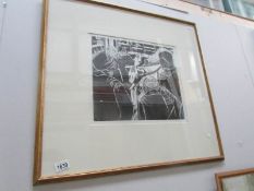 A pencil signed/initialled lino cut print marked 'H.C' (Hors Commerce) of Hexham jockey's etc.