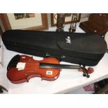 A jazz acoustic violin with case, body length approximately 14.5" overall length approximately 23.