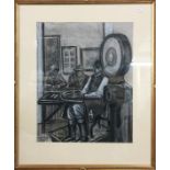 A charcoal drawing of a jockey in the weighing room at Hexham racecourse signed Kathleen M