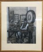 A charcoal drawing of a jockey in the weighing room at Hexham racecourse signed Kathleen M