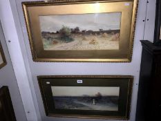 2 landscape watercolours - farm field with haystacks and a country lane with lady, unsigned.