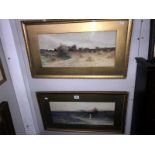 2 landscape watercolours - farm field with haystacks and a country lane with lady, unsigned.