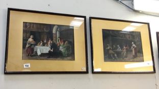 2 framed and glazed coloured prints of 17th century scenes