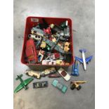 A box of die-cast cars & planes including Thunderbirds