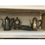 2 coffee pots, a brass clock etc.