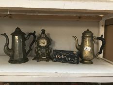 2 coffee pots, a brass clock etc.