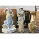 A Royal Dux vase and 2 continental bisque figurines