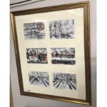 A framed collection of 6 abstract individual signed and dated mono type prints of various Hexham