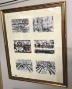 A framed collection of 6 abstract individual signed and dated mono type prints of various Hexham