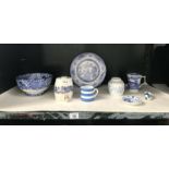 A quantity of blue and white including Cornishware jug